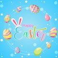 Happy Easter! Vector isolated illustration with eggs and lettering text on blue background Royalty Free Stock Photo